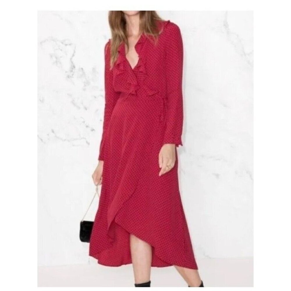 & other stories red polka dot ruffle long sleeve wrap dress size 2